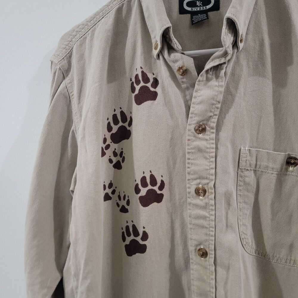 Vintage Mens Button Up Shirt Size Small Cotton Beige Dog Prints Labrador Outdoor - Picture 3 of 7